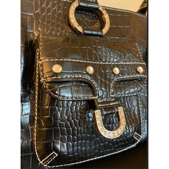 Valerie Stevens Bling Rhinestone Faux Croc Embossed Black Satchel Bag - Picture 6 of 13